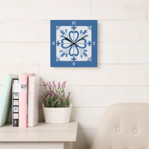 Reloj Cuadrado Navidades holly y flores pétalos azules
