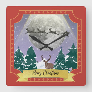 Reloj Cuadrado Navidades noche diorama Santa reno sleigh 