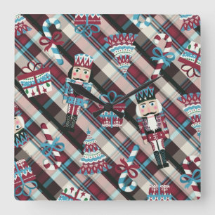 Reloj Cuadrado Navidades Nutcracker Plaid Blue Burgundy