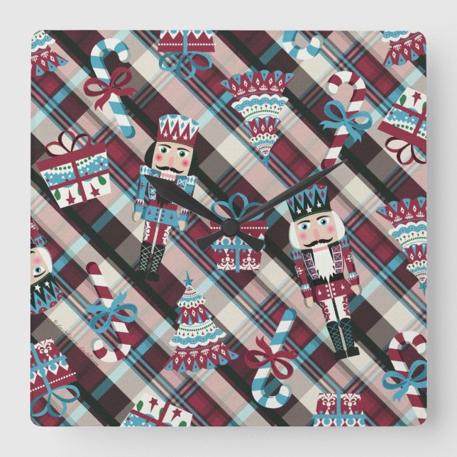 Reloj Cuadrado Navidades Nutcracker Plaid Blue Burgundy (Anverso)