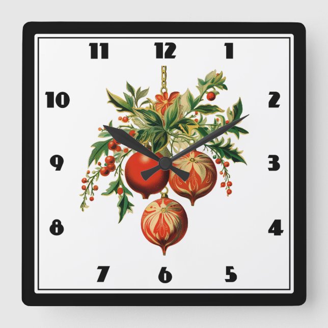 Reloj Cuadrado Navidades rojos baubles con fiesta holly (Anverso)