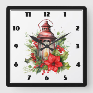 Reloj Cuadrado Navidades rojos Lantern Poinsettia y Pine