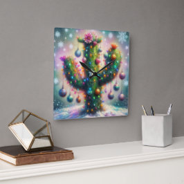 Reloj Cuadrado Navidades Saguaro Cactus Whimsical Snowflakes