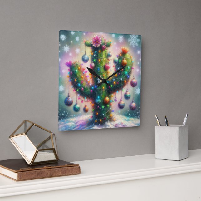 Reloj Cuadrado Navidades Saguaro Cactus Whimsical Snowflakes (Oficina)