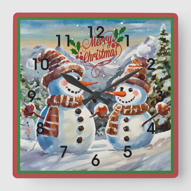 Reloj Cuadrado Navidades Snowmen, Feliz Navidad, (Anverso)