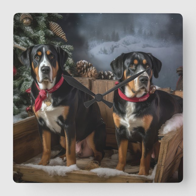 Reloj Cuadrado Navidades Snowy Sleigh de la Montaña Suiza Grande (Anverso)