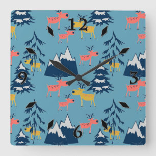 Reloj Cuadrado Navidades venados, árboles de Navidad, montañas