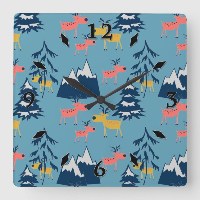 Reloj Cuadrado Navidades venados, árboles de Navidad, montañas  (Anverso)