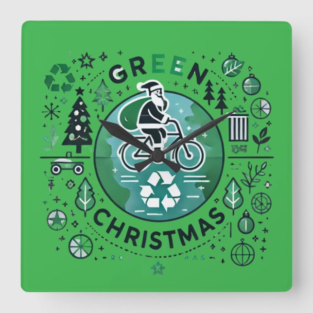 Reloj Cuadrado Navidades verdes - Diseño de Santa y Reciclaje (Anverso)