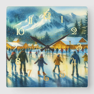 Reloj Cuadrado Navidades Watercolor Resort Hielo Skyline