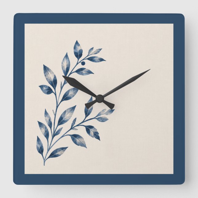Reloj Cuadrado Navy Blue Foliage Minimalist Square Clock (Anverso)