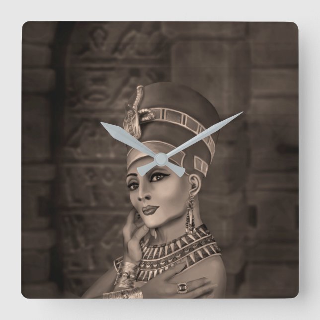 Reloj Cuadrado Nefertiti - la reina egipcia - sepia (Anverso)