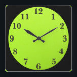 Reloj Cuadrado Negro en verde lima<br><div class="desc">Esto es una verde lima del diseño del Bello Artes de decano Johnson con números negros y ajuste negro adaptable en un fondo verde claro. Negro en verde lima con las manos gris-negras.  Gracias para apoyar mi tienda de Zazzle.</div>