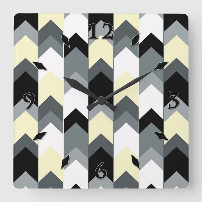 Reloj Cuadrado Negro, gris, chevron amarillo (Anverso)