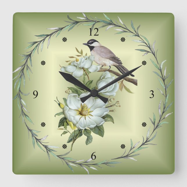Reloj Cuadrado Negro - Pollo de punta ~ Flor magnolia blanca ~ (Anverso)
