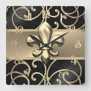 Reloj Cuadrado Negro y oro Filigree Swirls Fleur de Lis