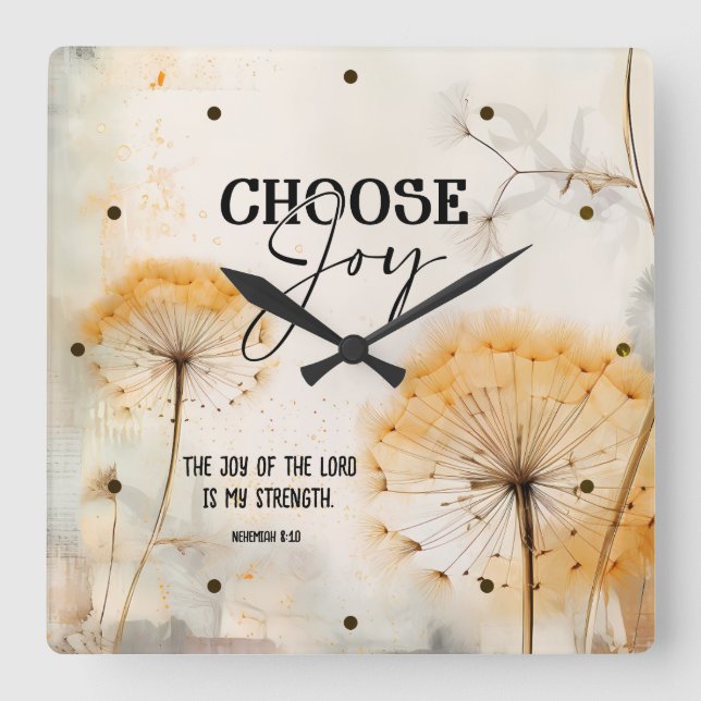 Reloj Cuadrado Nehemías 8:10 Alegría del Señor Biblia Dandelion (Anverso)