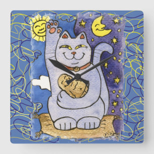 Reloj Cuadrado Neko azul con Buda sobre almohada dorada