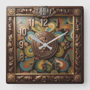 Reloj Cuadrado Neoclassical Multicolored Paisley and Bronze