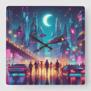 Reloj Cuadrado Neon Cityscape