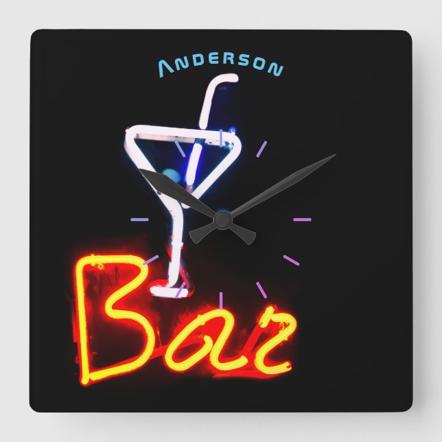 Reloj Cuadrado Neon Cocktail Bar Den Mancave Pared personalizada (Anverso)