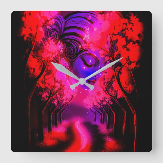 Reloj Cuadrado Neon Goddess in Enchanted Forest (Anverso)
