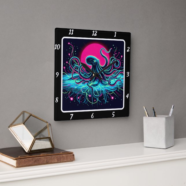 Reloj Cuadrado Neon Kraken Octopus Abyss (Oficina)