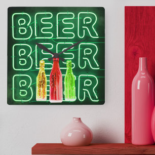 Reloj Cuadrado Neon LED Rótulo de cerveza verde esmeralda