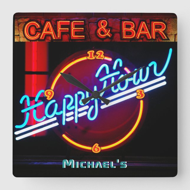 Reloj Cuadrado Neon Light BAR CAFE RÓTULO personalizado ManCave (Anverso)
