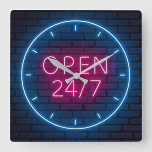 Reloj Cuadrado Neon Open Rótulo Square Wall Clock