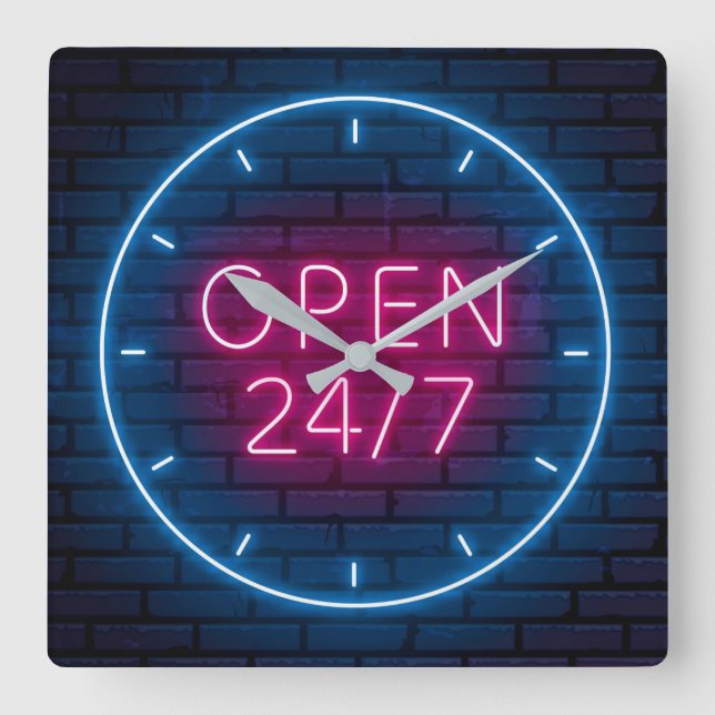 Reloj Cuadrado Neon Open Rótulo Square Wall Clock (Anverso)