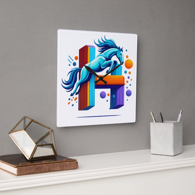 Reloj Cuadrado Neon Power Horse Jump Over H Letter (Oficina)
