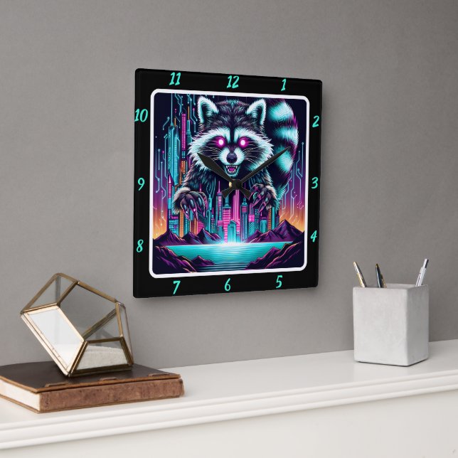 Reloj Cuadrado Neon Raccoon Skyline Pulse (Oficina)