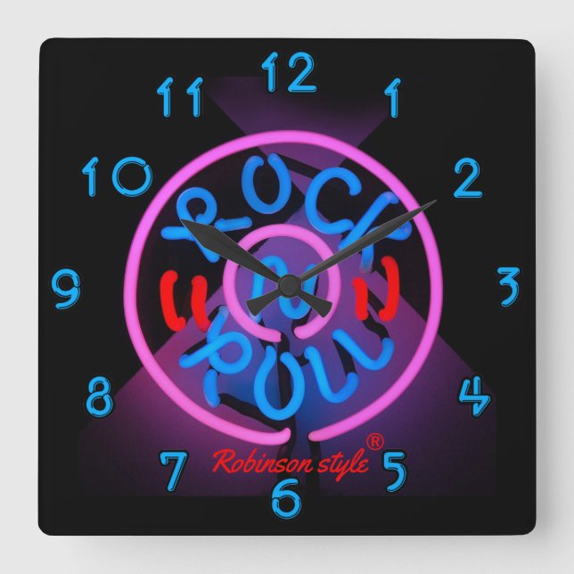 Reloj Cuadrado Neon Rock n' Roll personalizado (Anverso)