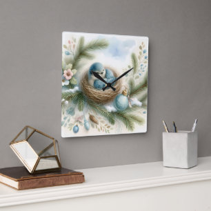 Reloj Cuadrado Nido de pájaro azul con adornos en pinos de invier