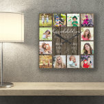 Reloj Cuadrado Nietos citan 12 Personalizado de madera marrón<br><div class="desc">Reloj de fotos para abuelos con 12 de tus fotos favoritas. Crea tu propio collage de fotos de estilo de cuadrícula y agrega los nombres de los nietos (2 a 8 nombres se ven mejor). La frase dice "Los nietos llenan un lugar en tu corazón que no sabías que estaba...</div>