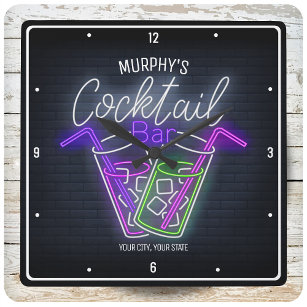 Reloj Cuadrado Night Club Faux Neon Personalizado Cocktail Bar