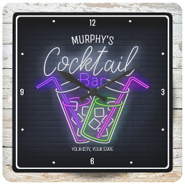Reloj Cuadrado Night Club Faux Neon Personalizado Cocktail Bar