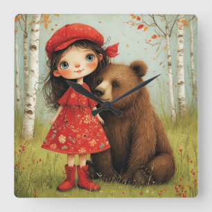 Reloj Cuadrado Niña Adorable y Oso en Bosque Caprichoso