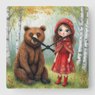 Reloj Cuadrado Niña adorable y oso en un bosque caprichoso
