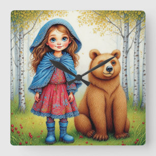Reloj Cuadrado Niña adorable y oso en un bosque caprichoso