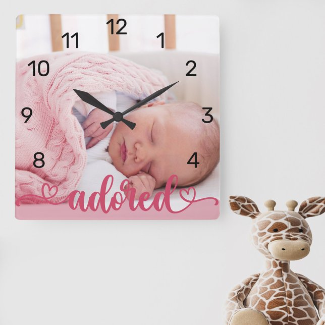 Reloj Cuadrado Niña Adorada Foto De Niña Rosa Nursera (New baby photo clock for the nursery lettered with "adored" and decorated with love hearts)