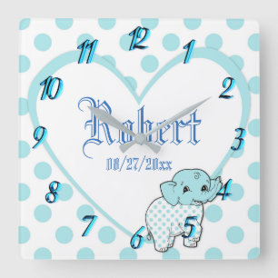 Reloj Cuadrado Niña Rosa: corazón de elefante y puntos de polka