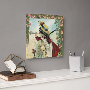 Reloj Cuadrado Niña victoriana antigua, niña soplando clarín en p