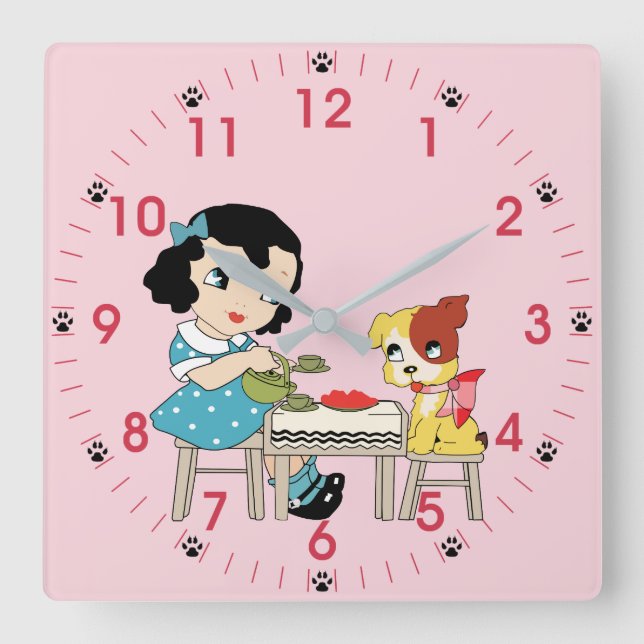 Reloj Cuadrado Niña y perro kitsch vintage (Anverso)