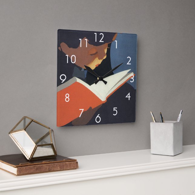 Reloj Cuadrado Niño de la época leyendo un libro de la biblioteca (Oficina)
