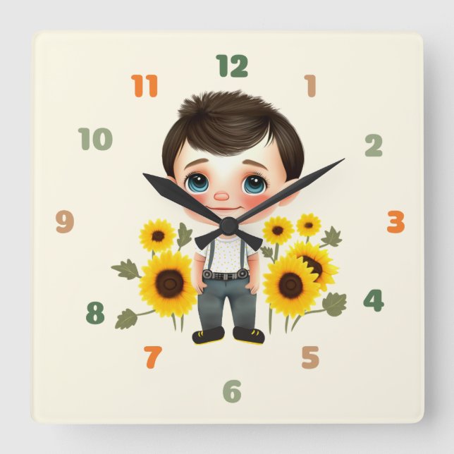 Reloj Cuadrado Niño pequeño con girasoles (Anverso)