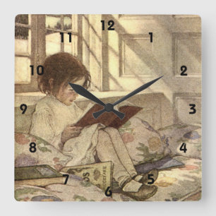 Reloj Cuadrado Niño ventilado leyendo un libro, Jessie Willcox Sm