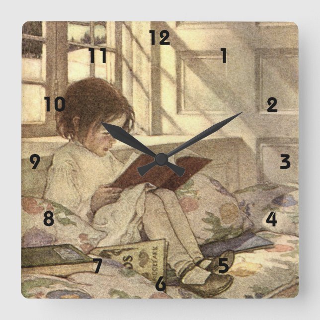 Reloj Cuadrado Niño ventilado leyendo un libro, Jessie Willcox Sm (Anverso)