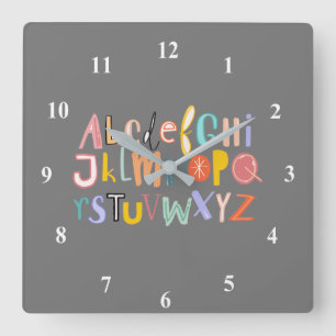 Reloj Cuadrado Niños alfabetos tipografía fresca